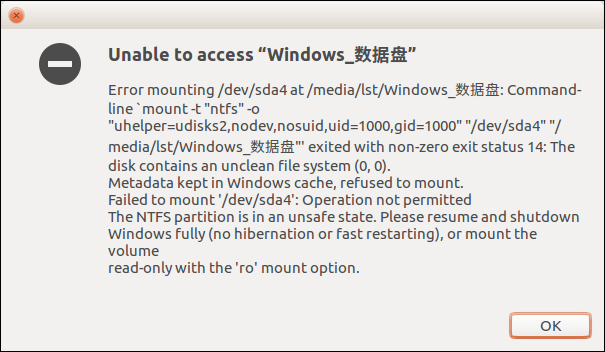 ubuntu16.04 mount win10 ntfs 失败